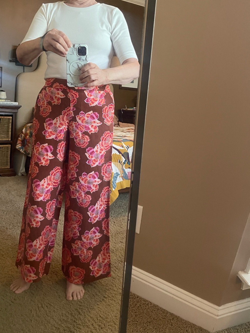 LOFT Brown Wide-Leg Pants with Pink Floral Print